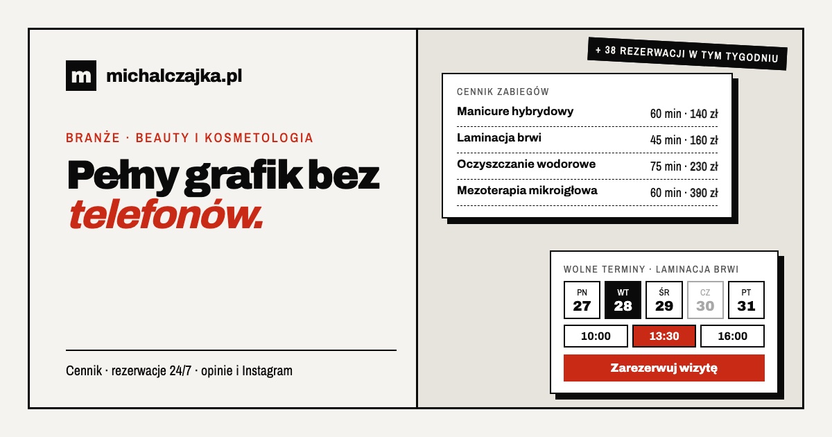 Cennik zabiegów kosmetycznych i kalendarz wolnych terminów z przyciskiem rezerwacji