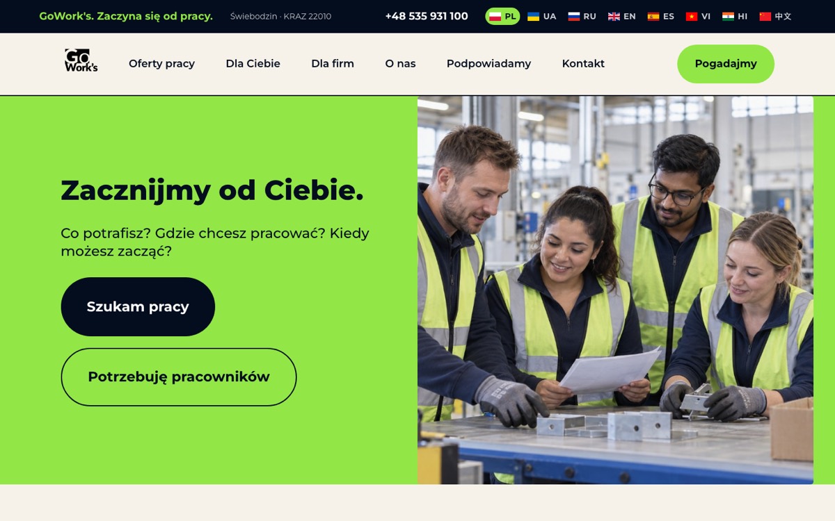 Strona GoWork's — agencja pracy tymczasowej